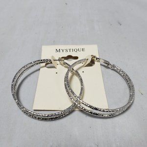 Mystique silver metal hammered 2 row hoop earring